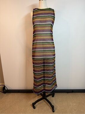Zara Multicolor Striped Sleeveless Maxi Dress Cover Up— Green, Purple, Yellow